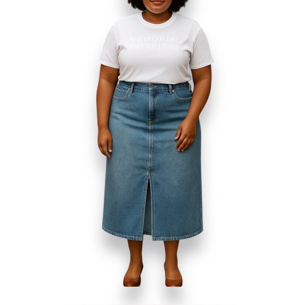 Old Navy Denim High Rise Secret Smooth Pockets Midi Skirt Plus Size 24 3XL